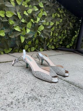 Silver Embellished Open-Toe Slingback Heels
